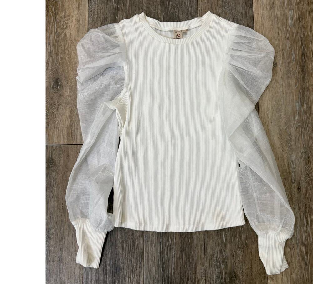 Anthropologie Dolan Top Small White Ribbed Sheer Puff Sleeve Blouse Romantic